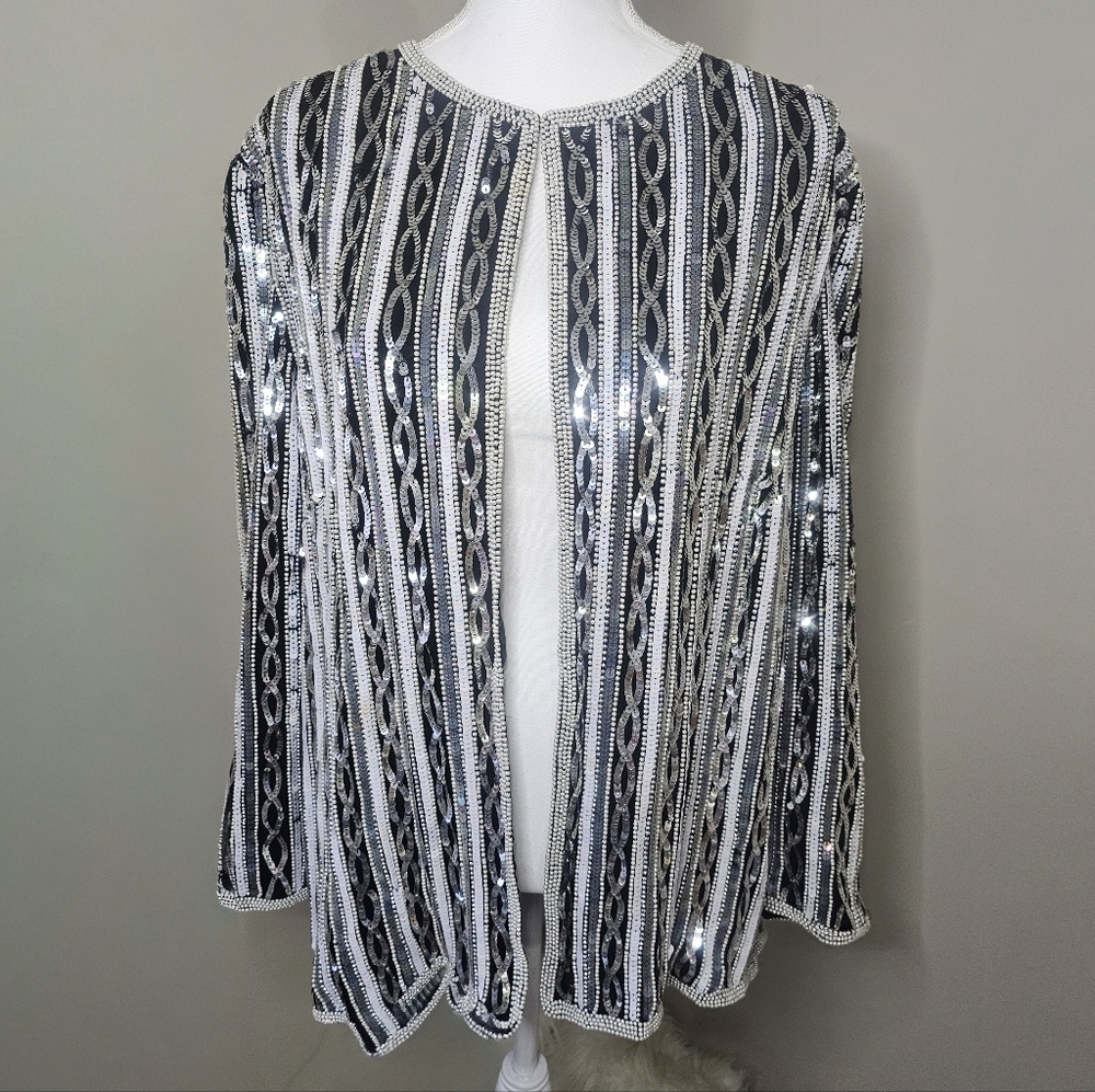 Papell Boutique Vintage 80s Black & Silver Beaded Sequin Silk Evening Jacket